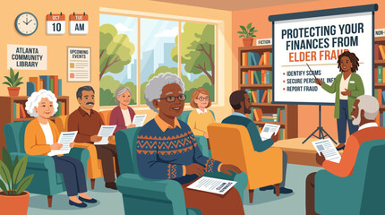 Naklejka premium Senior Citizens Attending Elder Fraud Prevention Seminar in Library
