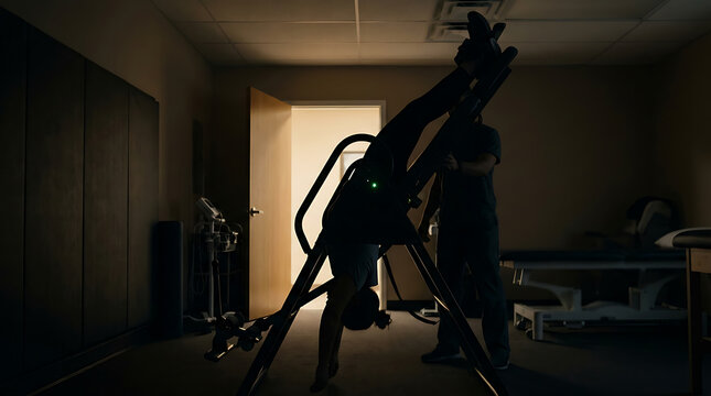 Person undergoing spinal inversion therapy
