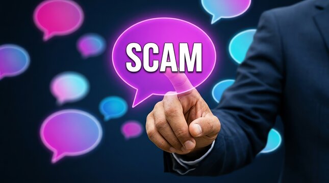 Hand touching a purple speech bubble with the word SCAM highlighted, illustrating online fraud and deception