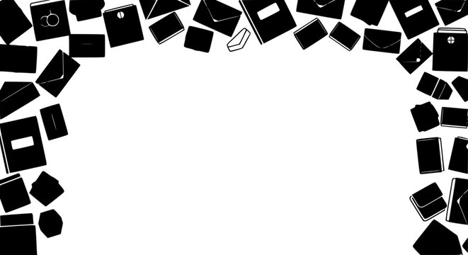 Black silhouette frame of envelopes folders and notebooks on white background