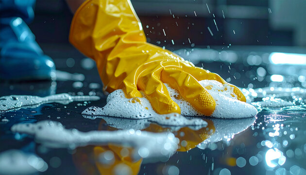 Squeaky Clean: A hand in a bright yellow rubber glove scrubs a gleaming, wet floor, creating a cascade of suds and water droplets, promising a spotless finish.