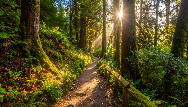 Sunbeams filter through lush green forest canopy onto a winding dirt path, dappled light and mossy trees