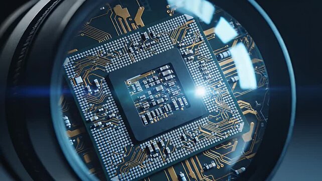 Close-up of a computer chip under a magnifying glass, highlighting intricate circuitry and advanced technology.