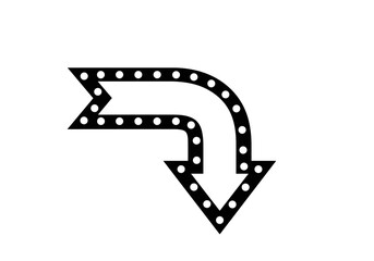 Fototapeta premium Isolated black arrow sign with illuminated bulbs, pointing down and left, retro style with vintage marquee light effect