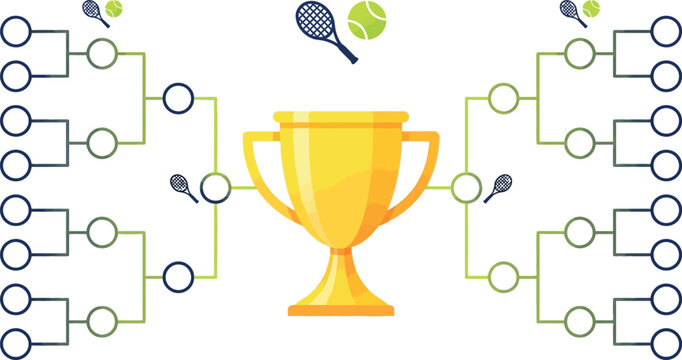 Tennis tournament bracket with golden trophy cup, championship playoff schedule vector, sports competition tree diagram with racket and ball