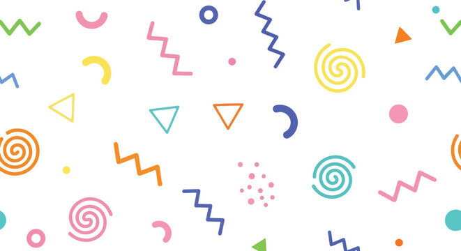 Abstract memphis background with geometric shapes colorful zigzags spirals triangles dots and curves on white backdrop fun retro pattern for creative design projects wrapping paper and textile.