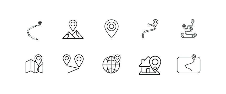 Map pin icon set in thin line style vector containing locations routes landmarks with gps navigation symbols for websites mobile apps ui travel planners and geographical pointer designs