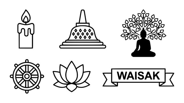 Buddhist Symbols Collection: Candle, Stupa, Buddha, Dharma Wheel, Lotus, Waisak Banner