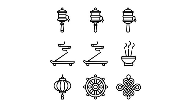 Tibetan Buddhist Symbols Icon Set: Prayer Wheel, Incense, Lantern, Dharma Wheel, Endless Knot
