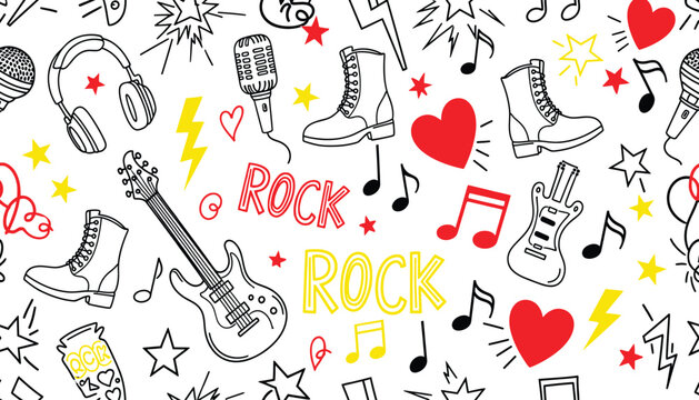 Rock music pattern seamless background with guitar microphone headphones boots heart shape and lightning bolt icons in doodle sketch style for creative apparel fabric textile graphic design.