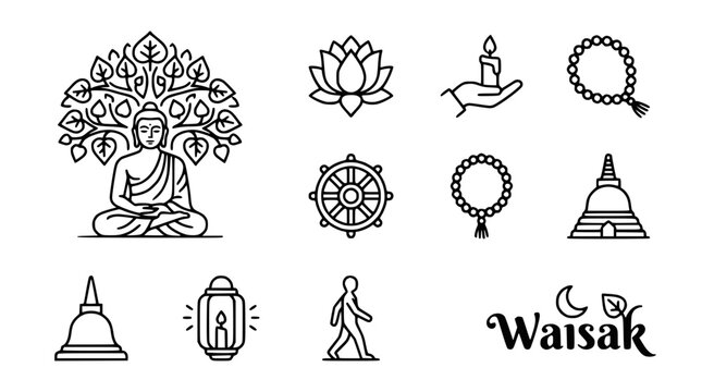 Buddha icons set, meditation, lotus, candle, rosary, dharma wheel, stupa, lantern, walking man