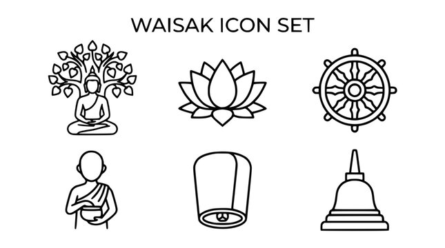Vesak Icon Set: Buddha, Dharma Wheel, Lotus, Monk, Stupa, Lantern