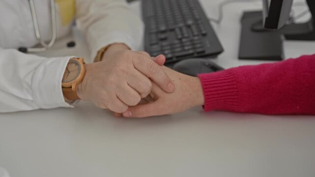 Woman doctor holds patient's hand and palpates wrist beside stethoscope in clinic office; reassurance trust support.