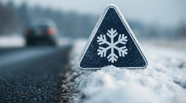 Snowflake warning sign on a winter road indicating ice hazard and slippery caution