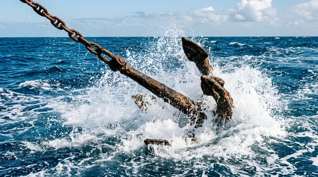 Rusty anchor plunging into the turbulent ocean water creating a large splash