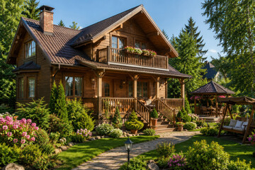 Obraz premium Luxury Wooden Country House with Landscaped Garden and Gazebo in Summer