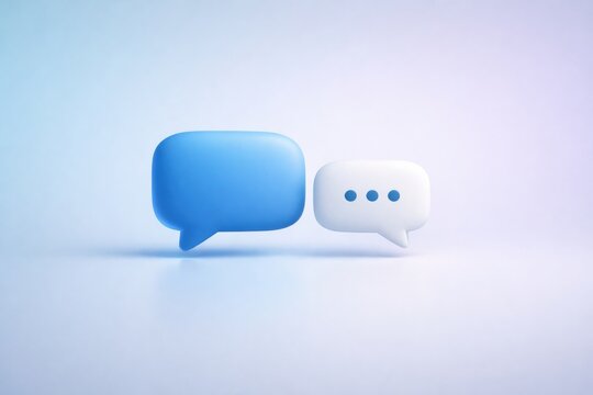 Two speech bubbles in blue and white colors are placed on a light background, representing communication and conversation topics in digital space.