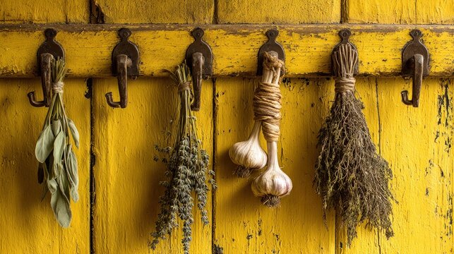 Dried herbs and garlic hanging on wall