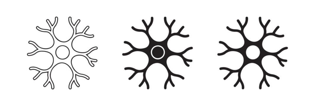Neuron cell icon set. Nerve cell symbol. Brain cell sign. Neural network concept. Medical and scientific illustration.