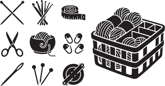 Knitting tools and yarn in a basket illustration
