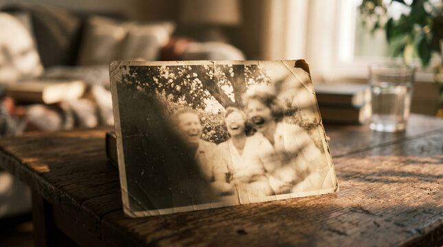 Vintage black and white photograph of family on wooden table in cozy sunlit room. concept of nostalgia, cherished memories, sentimental moment