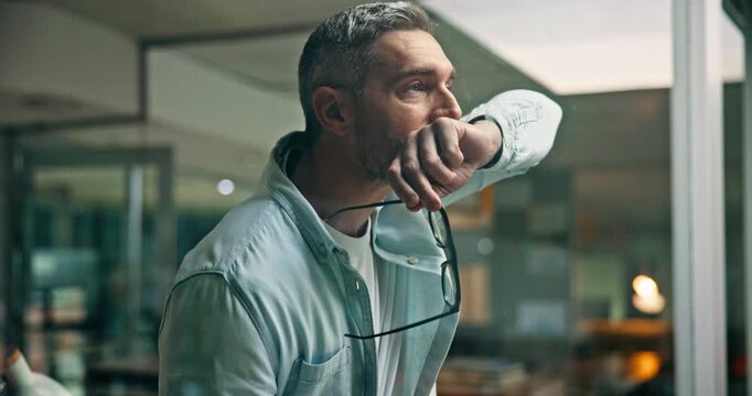 Man, thinking and stress at window, office or reflection for mistake, decision or memory at company. Mature person, night and insight with problem solving for crisis, anxiety or solution at agency