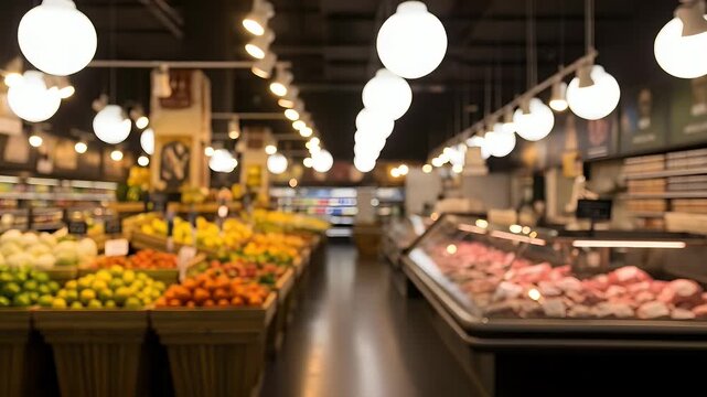 Vibrant display of fresh fruits and vegetables arranged in wooden bins inside a modern grocery store with warm glowing round light fixtures hanging from the ceiling