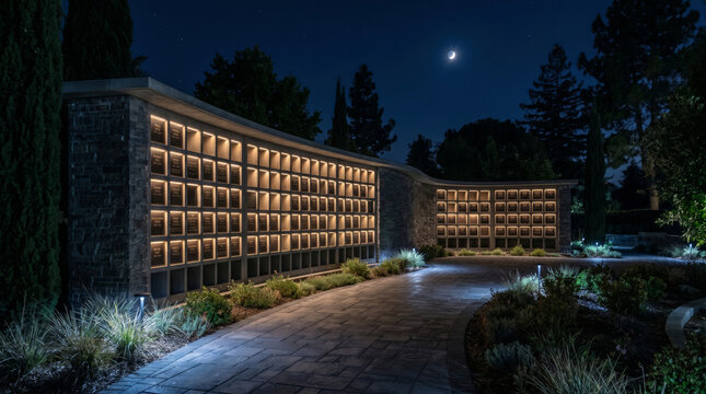 Columbarium wall illuminated at night in tranquil cemetery setting under crescent moon. concept of peaceful memorial, nighttime tranquility, serene commemoration, columbarium