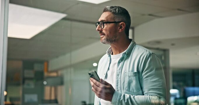 Business, man and stress with phone in office for bad news, investment fail and trading loss. Night trader, mature person or disappointed with smartphone for market price increase, worry or overtime