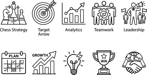 Naklejka premium Business Strategy and Teamwork Icons for Analytics Growth Target Leadership Planning and Global Success