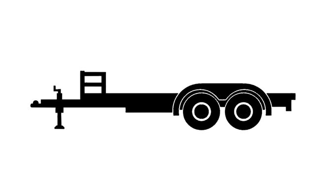 Minimal black silhouette icon, simple flat vector, bold black shape, no, no shading silhouette of a tandem axle utility trailer on a, flat icon style