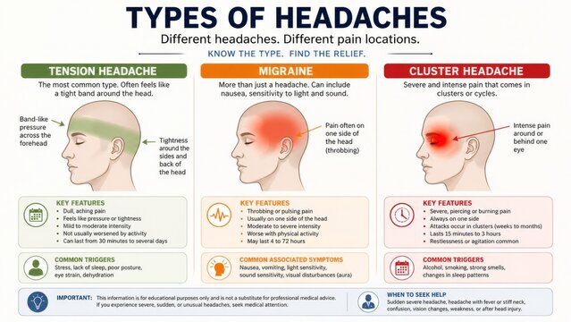 Types of headaches: understanding tension, migraine, and cluster headaches with key features, common triggers, and symptoms for relief and prevention