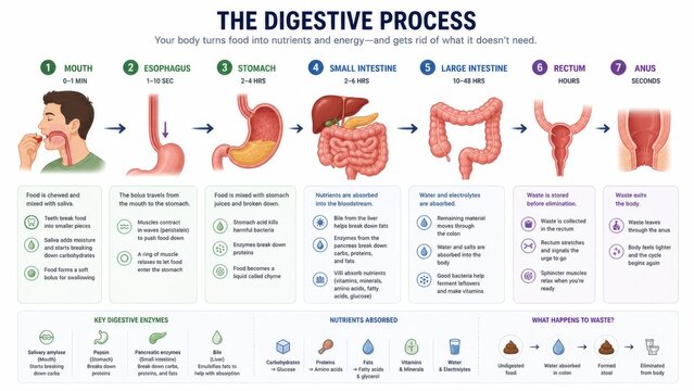 The digestive process illustrated with steps from mouth to anus for understanding human digestion system. concept of biology education, human anatomy, health, nutrition, digestion