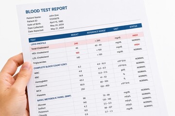 Fototapeta premium Hand holding blood test report with highlighted lipid profile and cholesterol levels indicating health assessment results. concept of medical analysis, healthcare, patient information