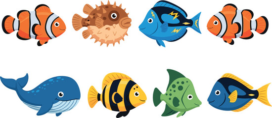 Obraz premium Colorful Cartoon Tropical Fish Collection Featuring Clownfish Whale Pufferfish and Exotic Marine Sea Animals Vector Illustration Set