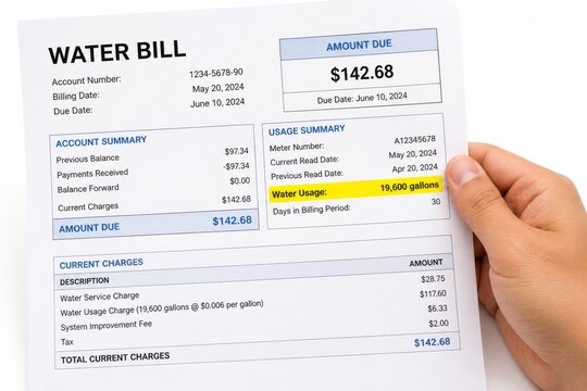 Hand holding water bill with total payment due and usage summary highlighted. concept of financial responsibility, utility payment, household management
