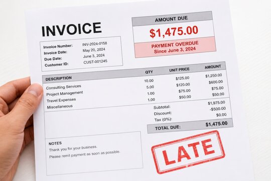 Hand holding overdue invoice document with amount due, late payment stamp, billing details and total balance. Concept of unpaid bill, finance, debt, accounting, business payment