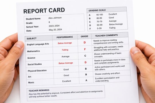 Student report card with grades and teacher comments for english, math, science, social studies, physical education, and music