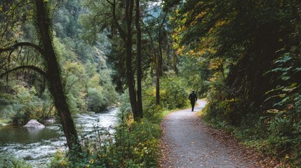 Fototapeta premium Forest path alongside flowing river autumn