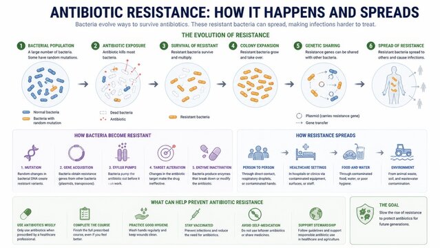 Infographic on antibiotic resistance: understanding bacterial evolution and prevention strategies for public health improvement
