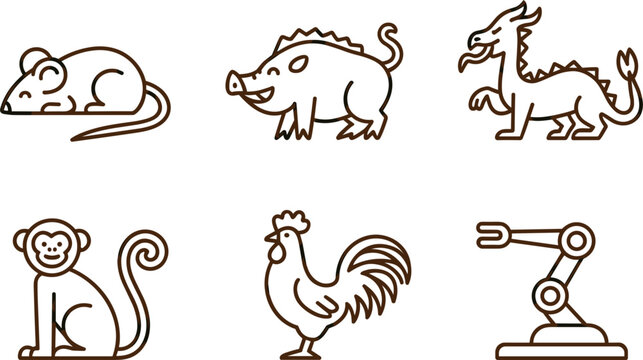 Animal and Technology Outline Icon Set Featuring Mouse Boar Dragon Monkey Rooster and Robotic Arm Vector Illustrations