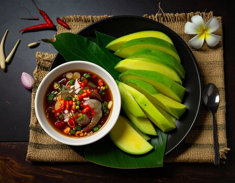 Close-up of a Thai dish featuring sliced green fruit, dipping sauce with shrimp, and a decorative flower, artfully arranged on a dark surface
