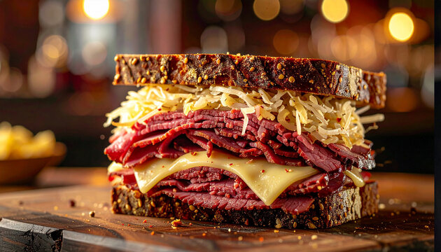 Hearty Rueben Sandwich: A thick, flavorful Rueben sandwich packed with corned beef, Swiss cheese, sauerkraut, and Russian dressing on toasted rye bread, presented on a rustic wooden board.