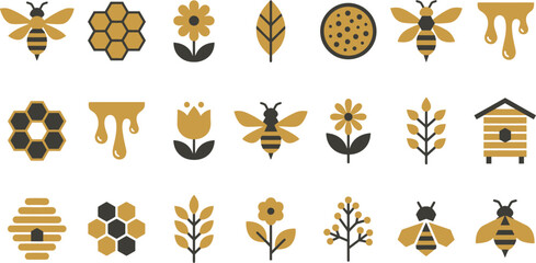 A flat design vector illustration graphic collection featuring bees, honeycombs, flowers, and beehives © Septarim