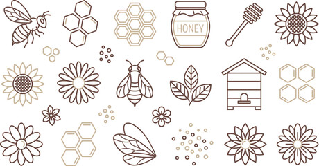 A delightful vector illustration showcasing bees, honeycombs, flowers, and a beehive in a charming design. © Septarim