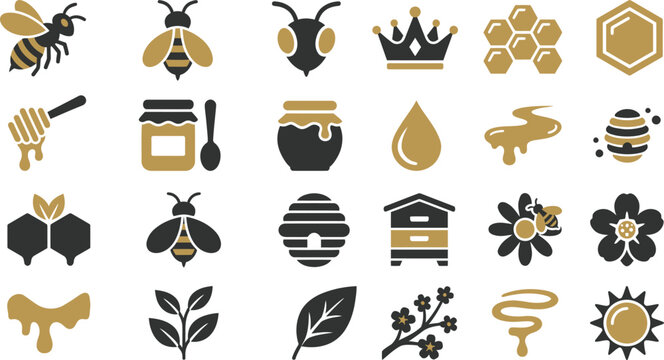 A collection of vector graphic illustrations featuring bees, honeycombs, and related apiary elements in a simple design style.