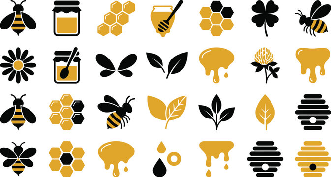 A collection of vector graphic icons representing bees honeycombs flowers leaves and beehives