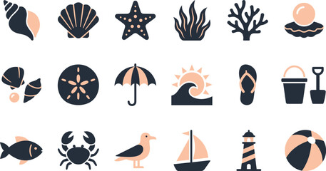 A collection of flat graphic design icons representing various beach and ocean elements for summer vacation themes © Septarim
