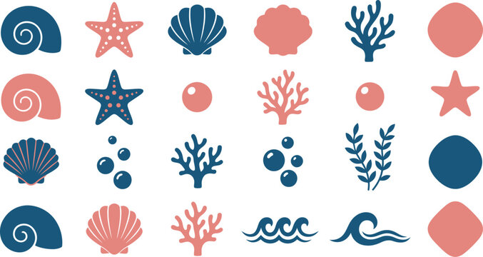 Simple vector graphic collection of coral, seashells, starfish, bubbles, and waves in blue and coral colors