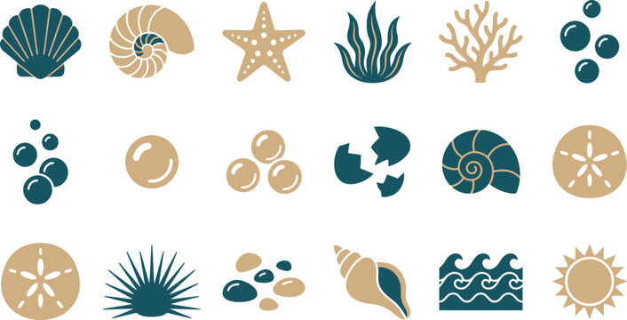 A collection of simplified vector illustrations depicting various marine life and coastal elements in a clean graphic design.